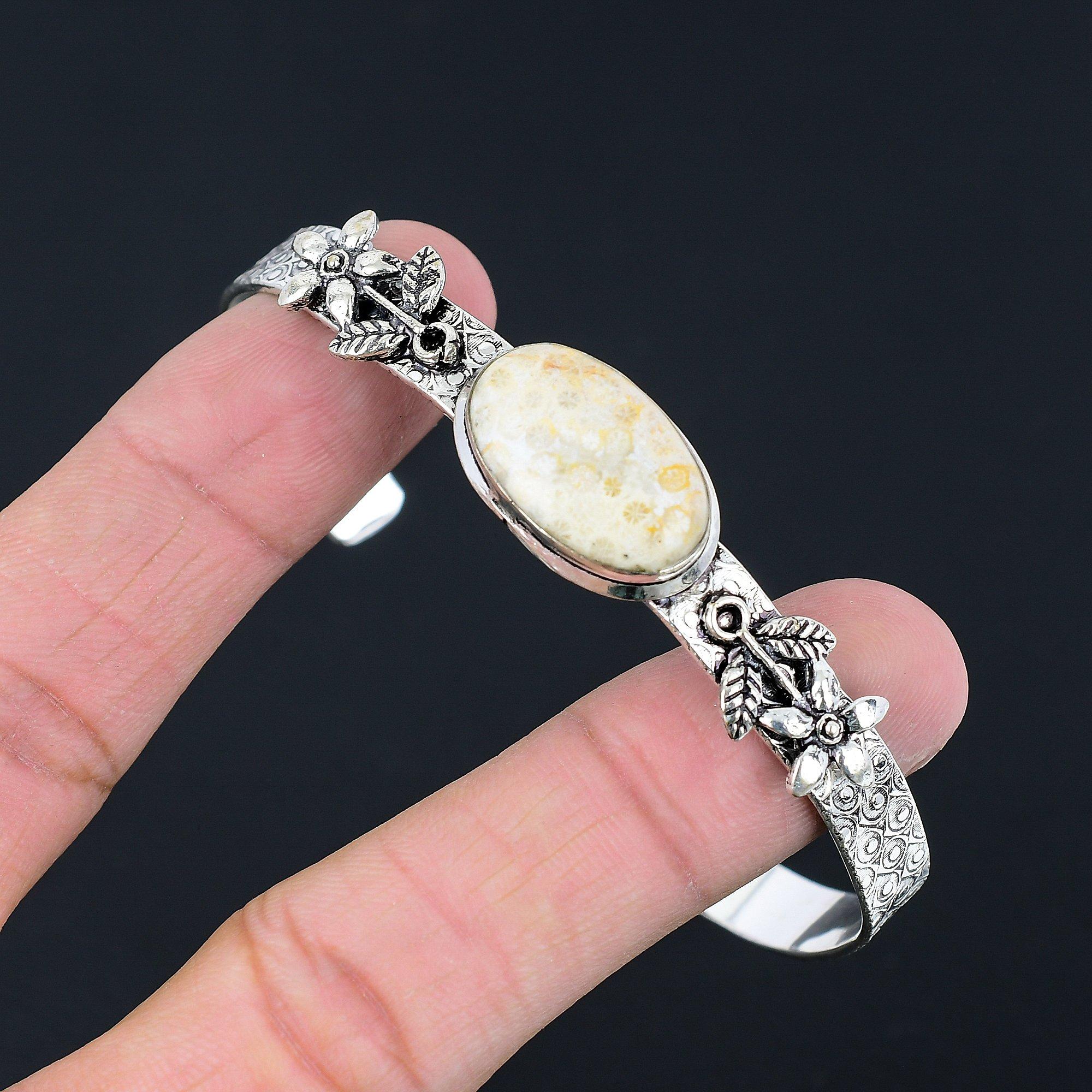 Daughters Day Deal Oval Fossil Coral Gemstone Flower Bangle Jewelry 925 Silver Adjustable white Jewel Paradise