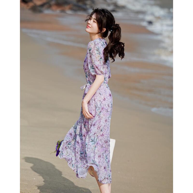 Платье из шифона с принтом  Blossom Radiance , V-образный вырез, с поясом, асимметричный подол M gray JDST online