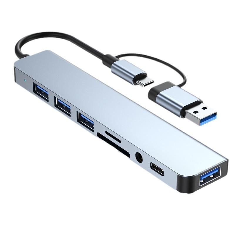 Док-станция-хаб 8 в 2 USB + Type-C с адаптером 3,5 мм аудиоразъема, кардридером Micro SD, конвертером диска для ноутбука, планшета, телефона white Lucky Black Cat
