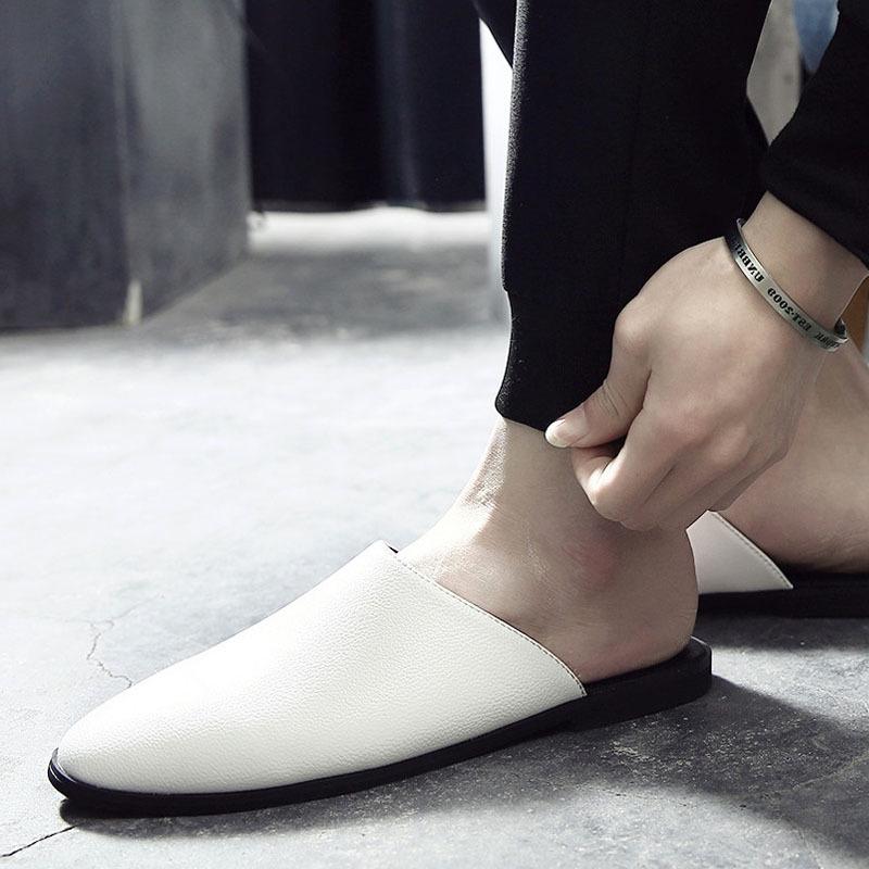 Мода 2024 года. Мужские модные кожаные тапочки. Slip-On Lazay Half Drags. Мужские тапочки в британском стиле для дома и улицы. Индивидуальность. 39 белый Footwear Fusion