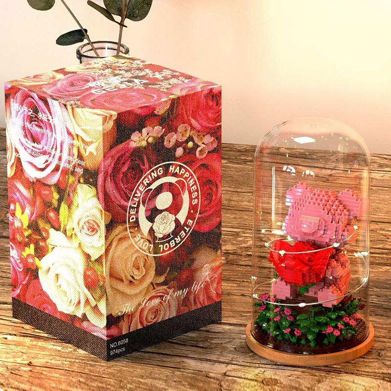DIY Микро Роза Медведь Строительные Блоки Игрушка Стеклянный Купол Цветы со Светом Романтические Вращающиеся Строительные Кирпичи Украшения Для Девочки brown Favorlook