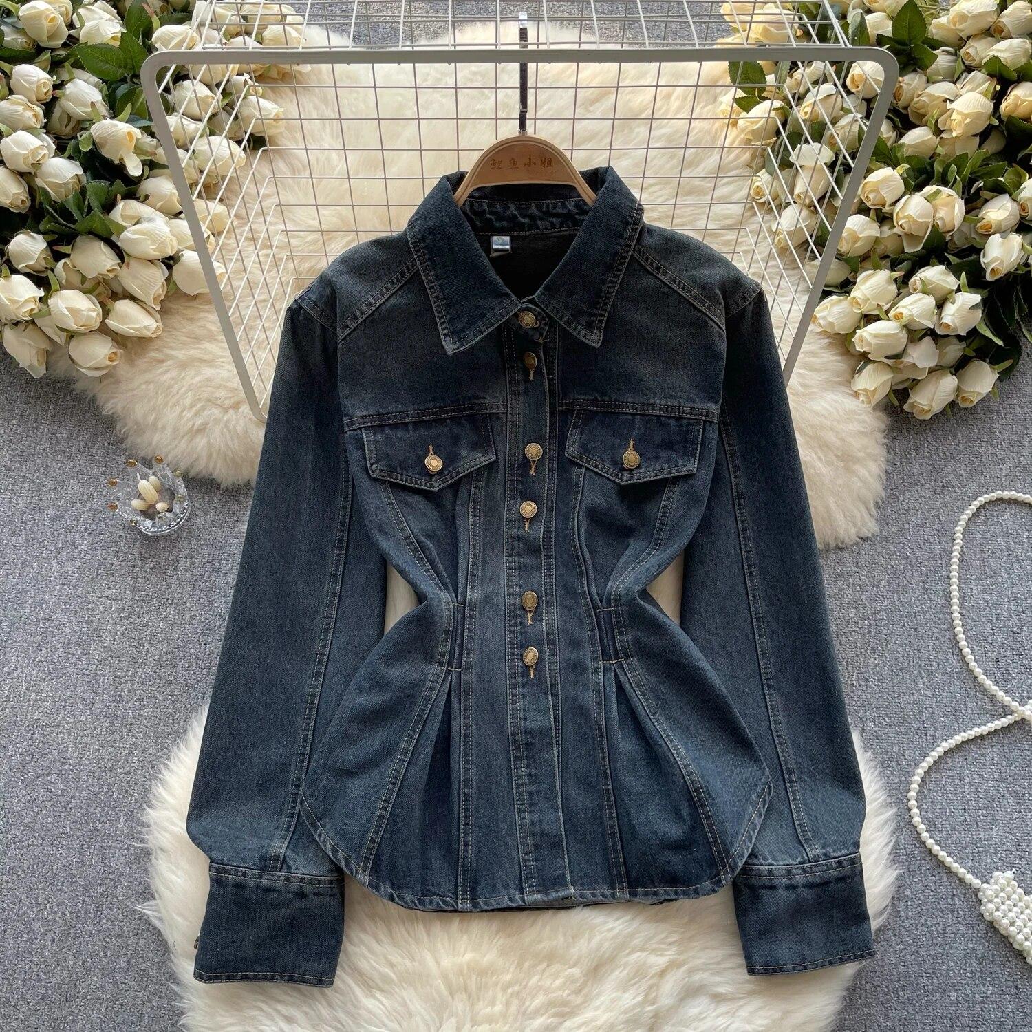 Женская рубашка Hong Kong Sle Retro Temperament Demin, High Sense Gyaru, выстиранная старая облегающая талия M темно-синий Diana Fashion Clothes