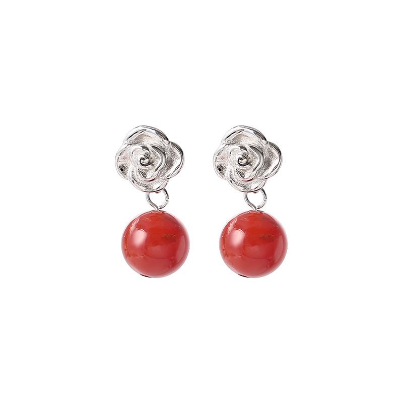 Rose Earrings Retro Chinese Style Agate Earrings, Natal Year Acacia Red Bean Studs, Antique Hanfu Accessories copper (with ear plugs) white Commodity Jewel