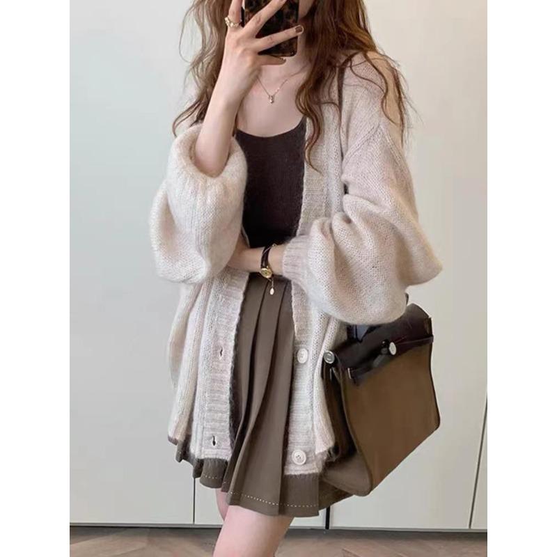 Mid-length Warm and Soft Waxy Mohair Knitted Cardigan Outerwear for Women In Spring and Autumn Loose Lazy Style Knitted Top Thin Top One size gray PP2