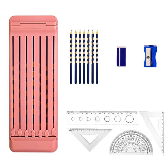 Portable Pencil Case with Magnetic Lock 7 Compartments Multifunctional Waterproof Pen Box for Students Kids School Supplies with Pencils Eraser Rulers A pink Zhiyumao
