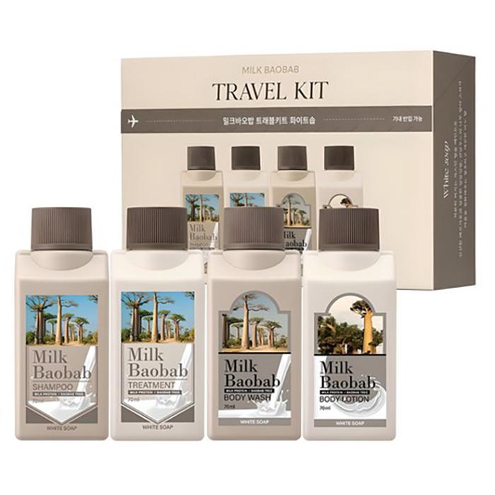 Набор для путешествий с белым мылом Milk Baobab – Набор шампуня, кондиционера, геля для душа и лосьона, корейский beige