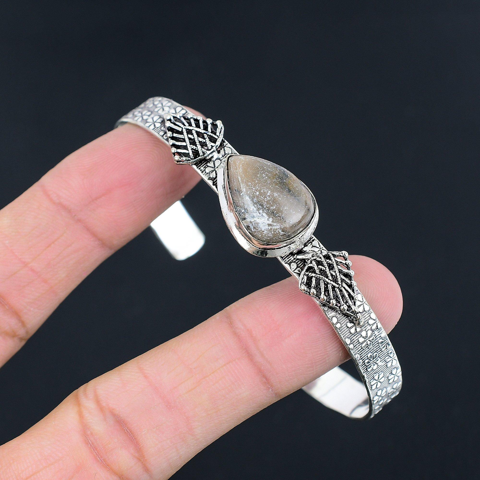 Sterling Silver Natural Spider Web Jasper Daughter Anniversary Bangle Bracelet Adjustable gray Jewel Paradise