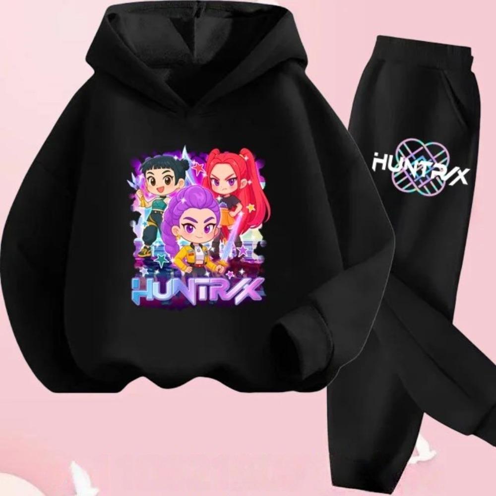 Детская одежда с принтом KPop Demon Hunters Y2K Толстовки+Брюки Спортивные костюмы KPop Demon Hunters Корейский костюм с худи 160 black Stylish Anime Hoodie T shirt