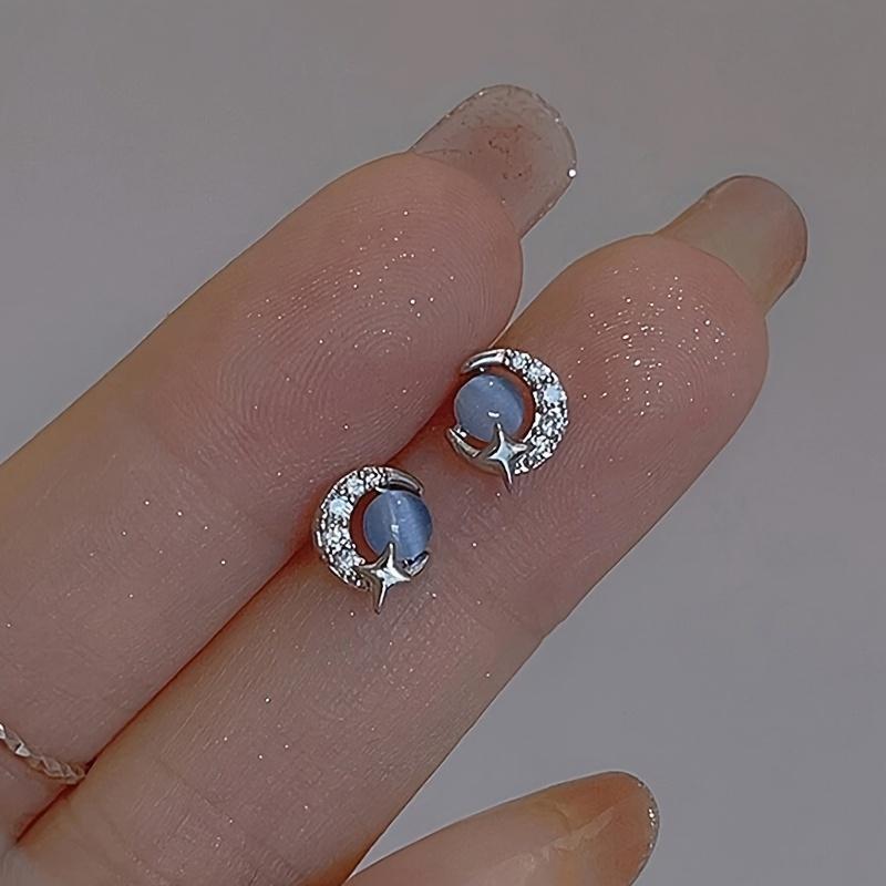 Серьги  Кошачий глаз  синего цвета с луной и звездой gray Lucky Star Jewelry