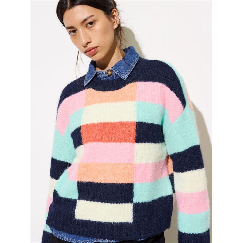 Original Export Surplus Stock, Official Website New Model, Wool Blend Soft and Comfortable Color-Blocked Square Pattern Women s Pullover Knit Sweater Blue us14 beige TAOMall
