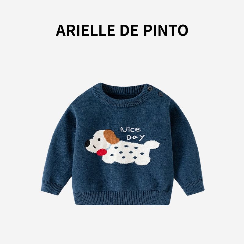French Arielle De Pinto Boys  Knitwear Spring, Autumn and Winter Cute Puppy Simple Knitwear Sweater Navy blue 80 black TAOMall