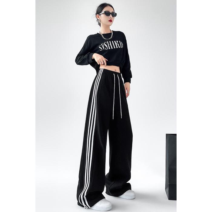 Женские спортивные брюки Slim-Fit в полоску с высокой талией - Коллекция Весна/Осень 2024, свободный повседневный стиль с кружевом black Global Finds