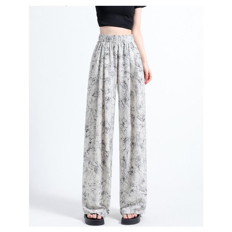 Ink Painting Chiffon Wide-leg Pants for Women In Hot Season Thin High Waist Droop Printing Loose Casual Slim Retro Trousers S gray BosphorusBoutique
