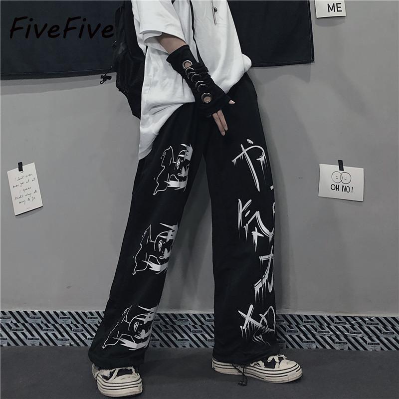 FiveFive Черные спортивные штаны в стиле Харадзюку с принтом аниме Мужская уличная одежда Широкие брюки большого размера Свободные повседневные спортивные прямые брюки Мужские S gray FLGlobal