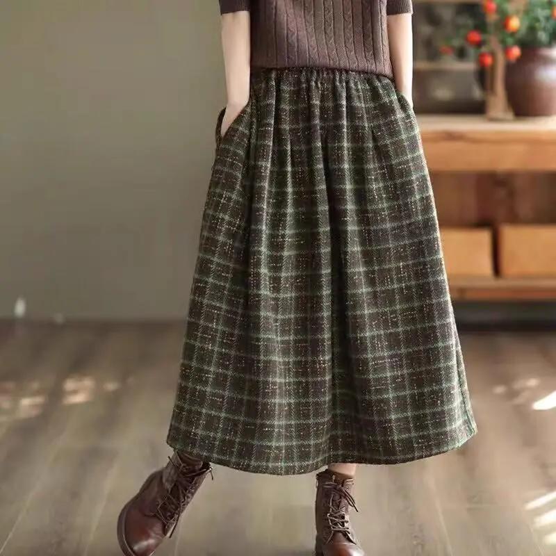 Весна Осень Модная Повседневная Универсальная Клетчатая Шерстяная Юбка Женская С Завышенной Талией Средней Длины M зелёный Everyday Thread