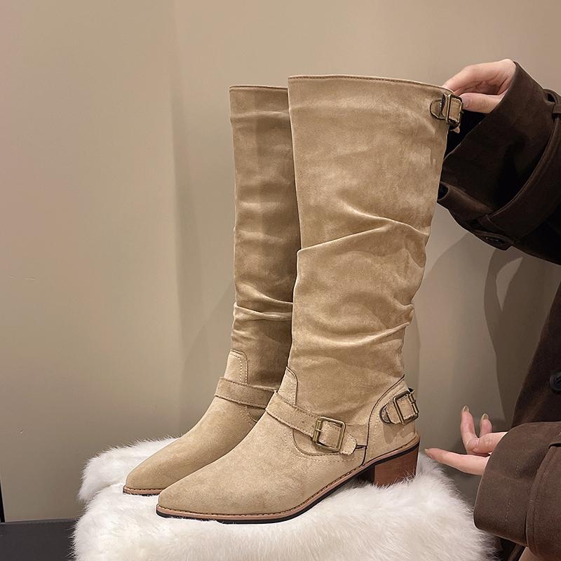 Fashion Knee High Boots Female Autumn Casual Slip on Women Shoes Square Mid Heels Solid Flock Square Buckle Motorcycle Boots 35 хаки BeautyFeet