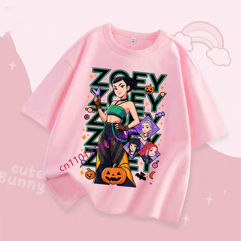 Детская одежда с коротким рукавом на Хэллоуин, подарок, футболка K-Pop Demon Hunters для детей, мультяшная футболка, топ, белая одежда с круглым воротником 120 pink haijian02