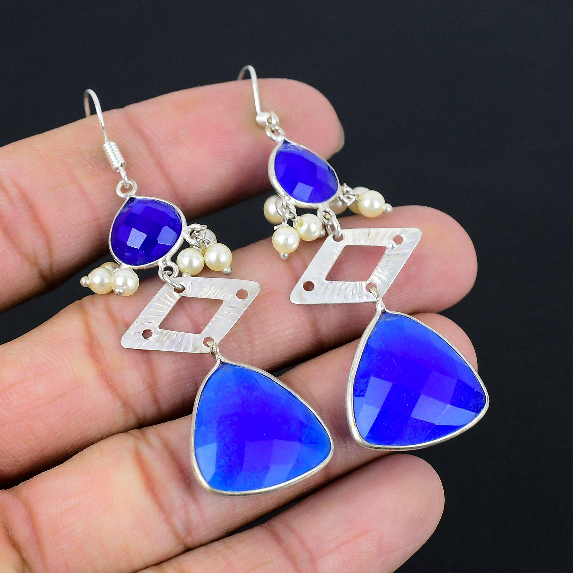 925 Silver Trillion Blue Sapphire Gemstone Drop Hook Daughter Earrings Jewelry white Jewel Paradise