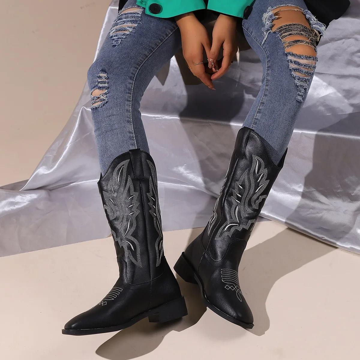 Настоящие ковбойские сапоги, массивные сапоги Botas Mujer, дизайнерские ковбойские сапоги с вышивкой, повседневная обувь, казачьи ретро-ботинки для ежедневного использования. 36 gray Perfect fit