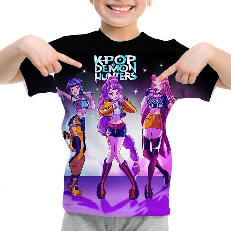 Лето Новая KPop Охотники на демонов 3D Печать Детская футболка Повседневная с круглым вырезом с коротким рукавом Топы Для девочек Мальчиков Футболка Детская одежда 110 purple huiteng10