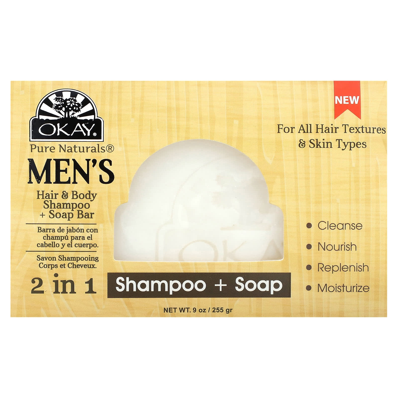 Okay Pure Naturals, мужской шампунь + мыло, 2 в, 1 кусок мыла, 9 унций (255 г) beige