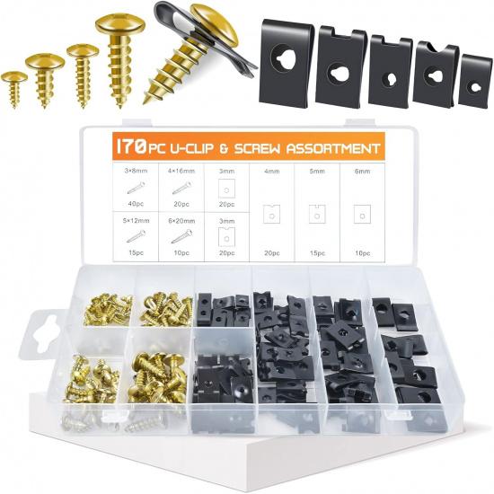 OTUAYAUTO 170PCS Car U Clips With Screw Assortment Kit - 10 Different Sizes Automotive U Nut And Screw Clip, Automotive U Nut Screw Clip, For Car black 91140105MA0LU90Q7F