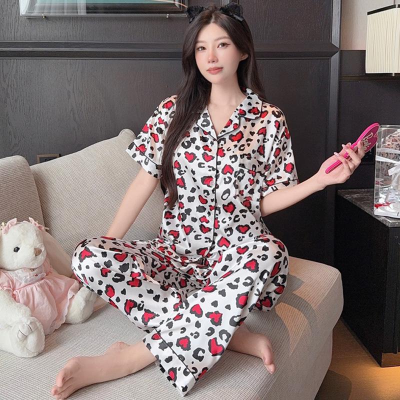Wind Loungewear Loose Fashion Leopard Print Love Long Sleeve Ice Silk Pajamas Women S Suit M white BaiJia Jewelry BB