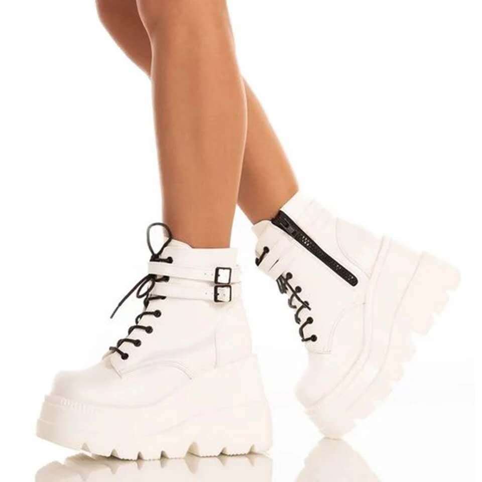 Женские мотоциклетные зимние сапоги Botas с пряжкой, женские панк-сапоги на платформе, танкетке, высоком каблуке, из искусственной кожи, женские сапоги Botas Mujer для повседневного использования 36 brown Cosy Homes