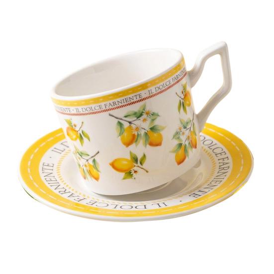 Noir Theory Ceramic Tea Cups with Saucer, 300ml Floral Latte Mugs for Women, Elegant Coffee Mug, Microwave Dishwasher Safe Hot Drink Cup светло-желтого