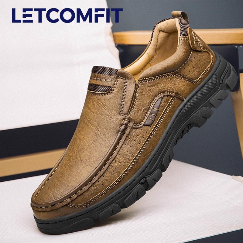 LETCOMFIT Мужские повседневные кожаные слипоны Износостойкие Противоскользящие С круглым носком Лоферы Толстая подошва Нарядная обувь Всесезонная 39 хаки The coolest shoes