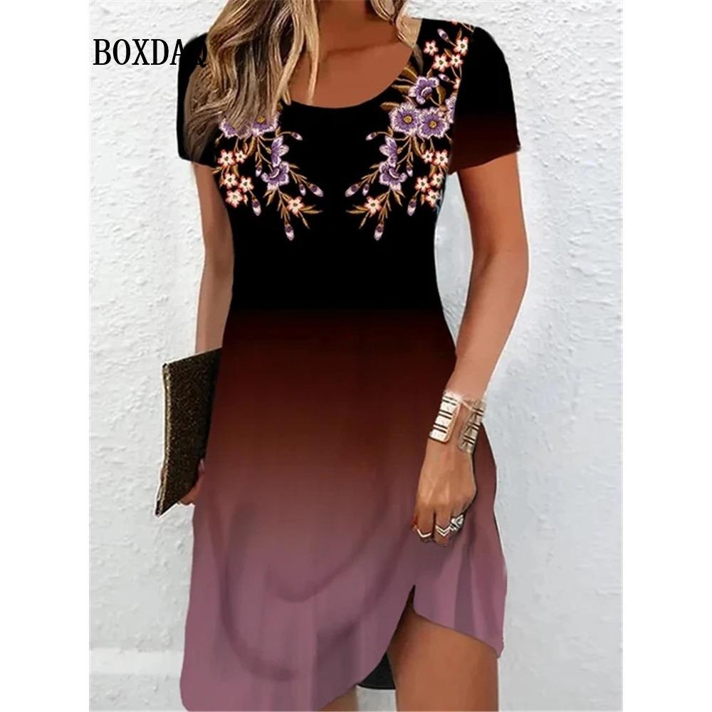 Short Sleeve Summer Dresses Fashion Women s Clothing New Women s Dresses Gradient Flower Printing Elegant Casual Dress S black huiteng1