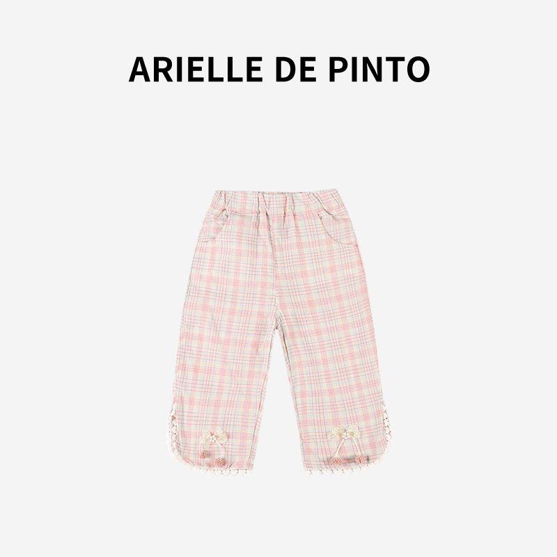 French Arielle De Pinto Girls  Plaid Pants with Bow Decoration, Autumn Heart-Shaped Lace Wide-Leg Pants Pink 120 white TAOMall