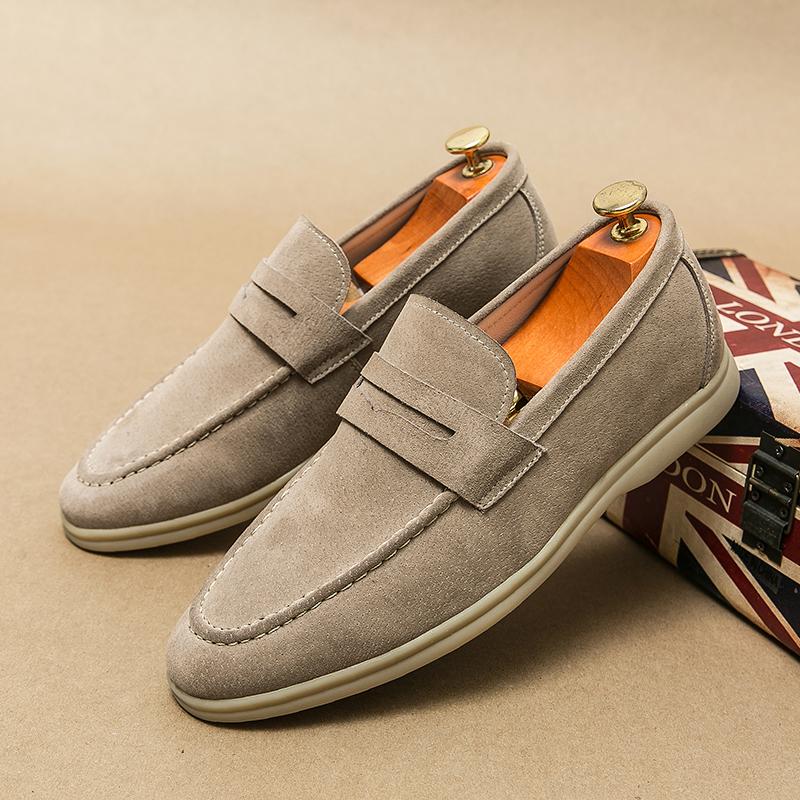 Модные туфли класса люкс бренда Slip-On, мокасины из нубука на низком каблуке, замшевая кожа, удобная мягкая подошва, мужские классические ретро-мокасины, повседневная обувь 38 темные хаки Graceful Style
