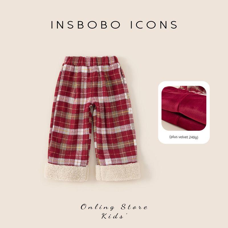 Insbobo Girls  Pants Children s Fleece-Lined Long Pants Girls  Casual Pants Children s Clothing Girls  Red Plaid Pants Winter Red Grid 90 brown TAOMall