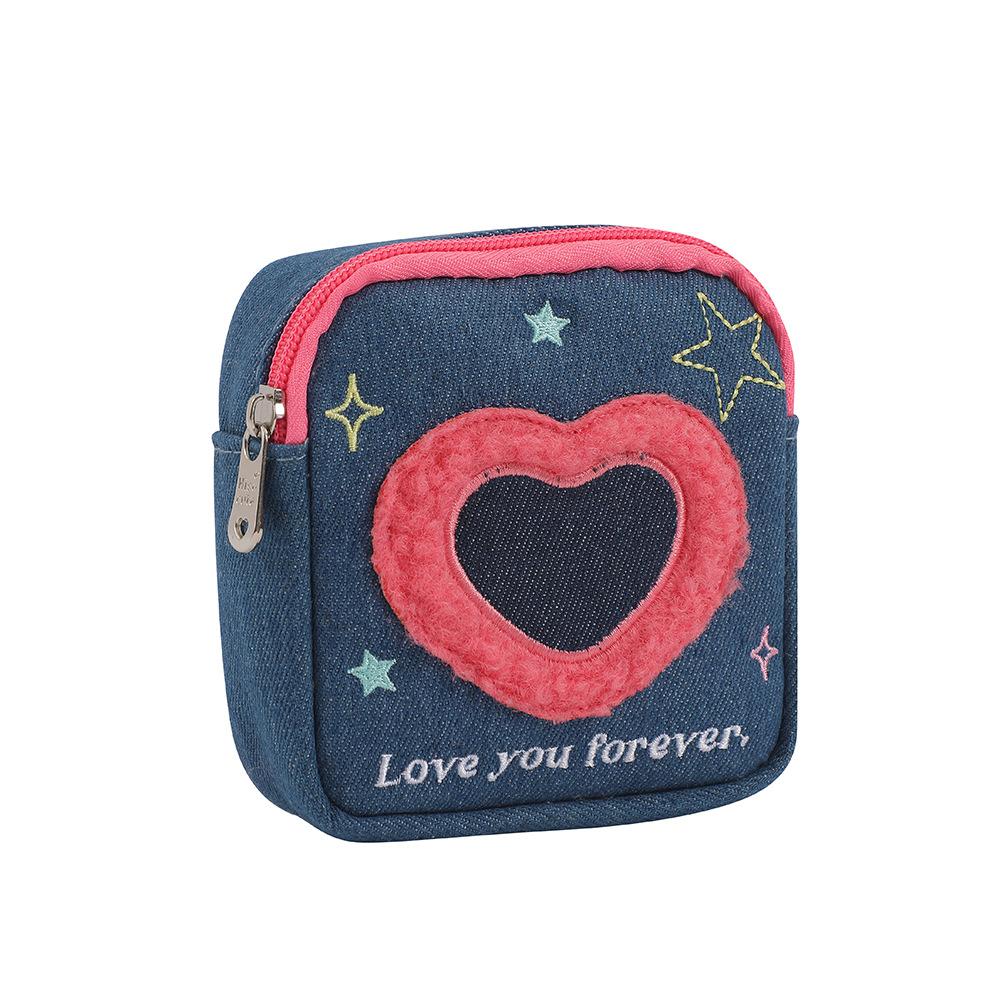 Новая мода квадратная звезда сердце вышитая джинсовая косметичка косметичка сумка для наушников портмоне большая вместительная сумка для хранения pink Ably-Bag