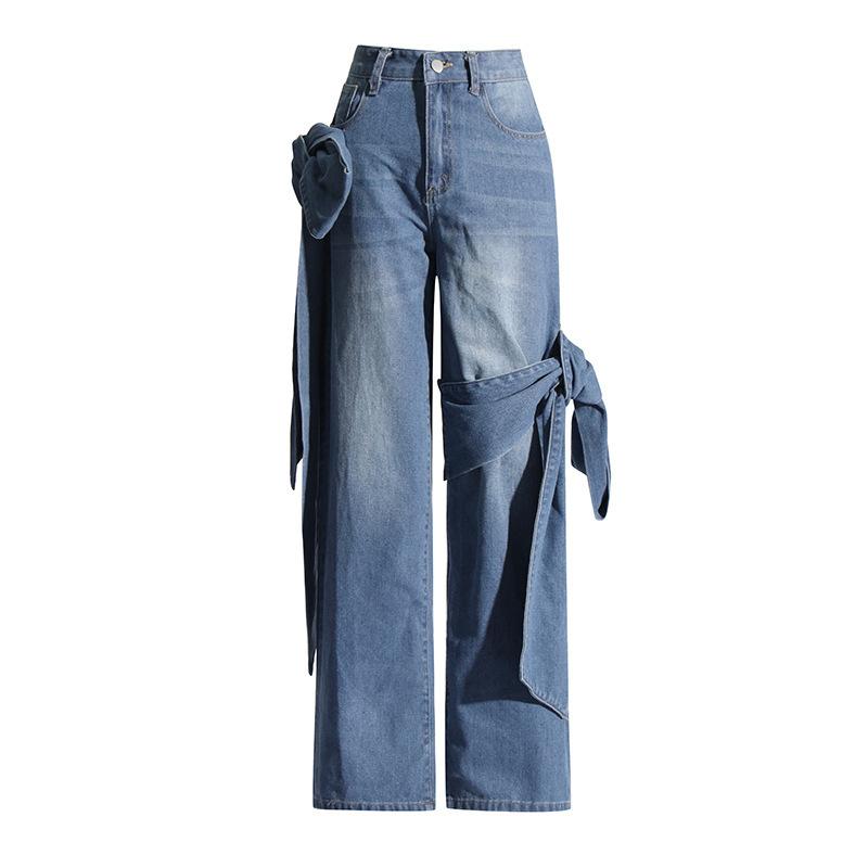 Широкие брюки с бантом Splicing Bow Design Sense Of High-Wisted Skinny Jeans L синий RC LADY