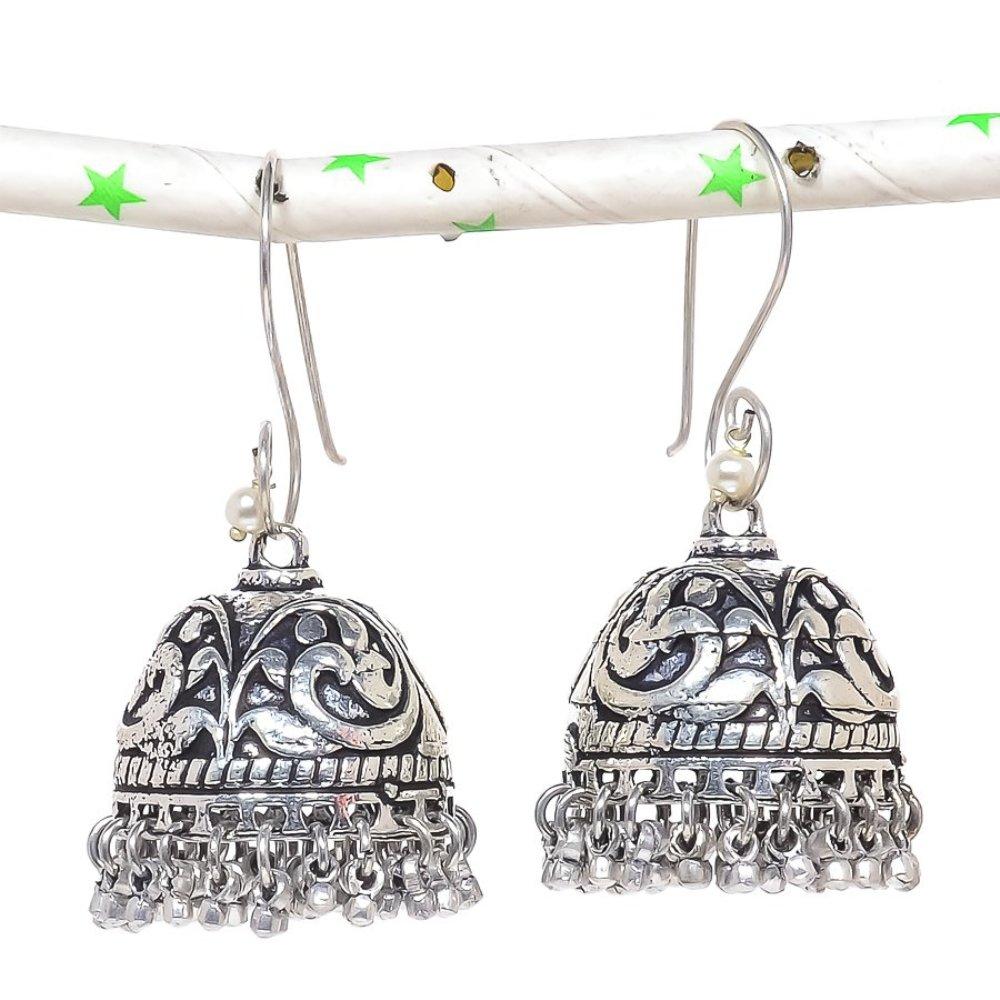 Натуральные индийские серьги Jhumki с драгоценным камнем, серебряные серьги в племенном стиле Бали, 2,17 дюйма, p1p81 white Manju Jewels Paradise