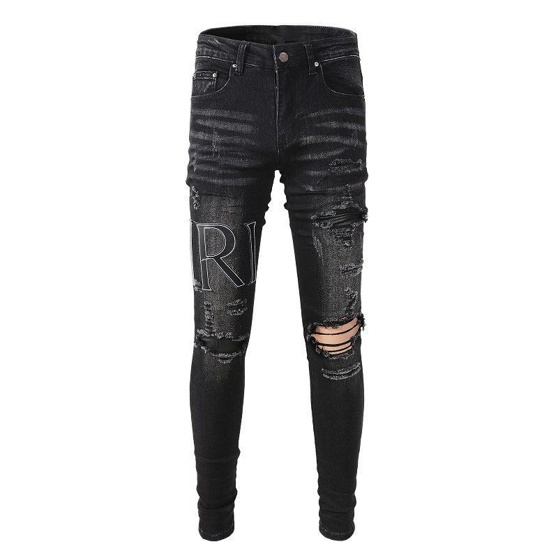 Мужские рваные джинсы American Street Slim Fit с вышивкой 844 29 чёрный Top Men Wardrobe