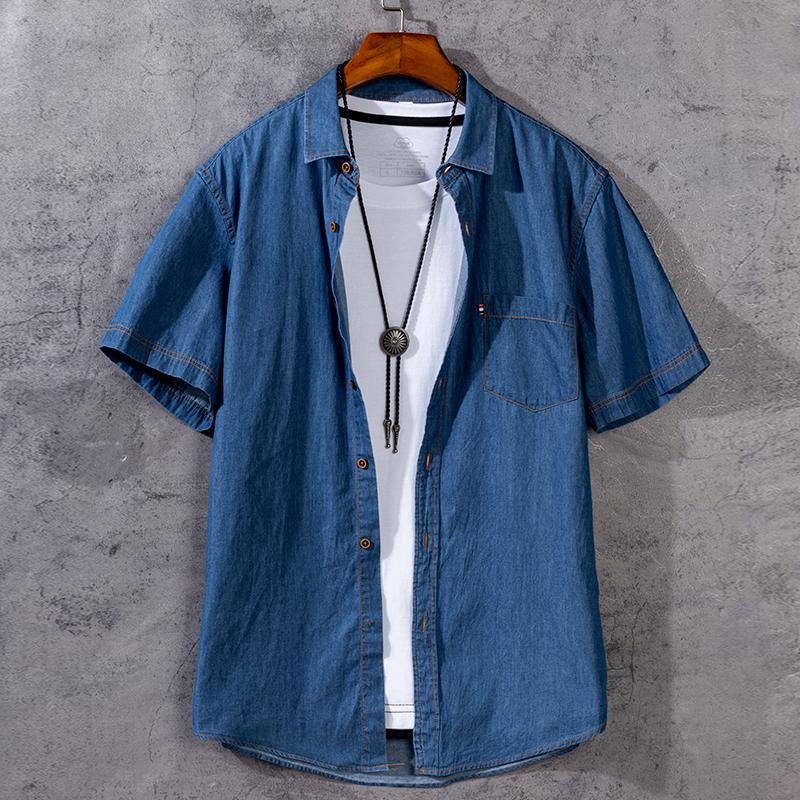 Мужская повседневная джинсовая рубашка с коротким рукавом M blue HE Fashion