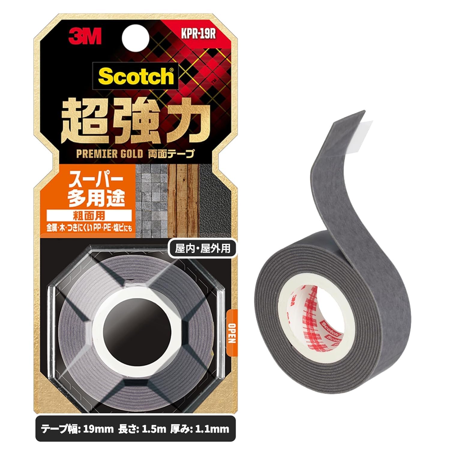 3M Scotch Premier Super для шероховатых поверхностей, 19 мм, Сверхпрочная двусторонняя лента, Золотая, Универсальная, Поверхности, Широкая, Длина 1,5 м, KPR-19R black
