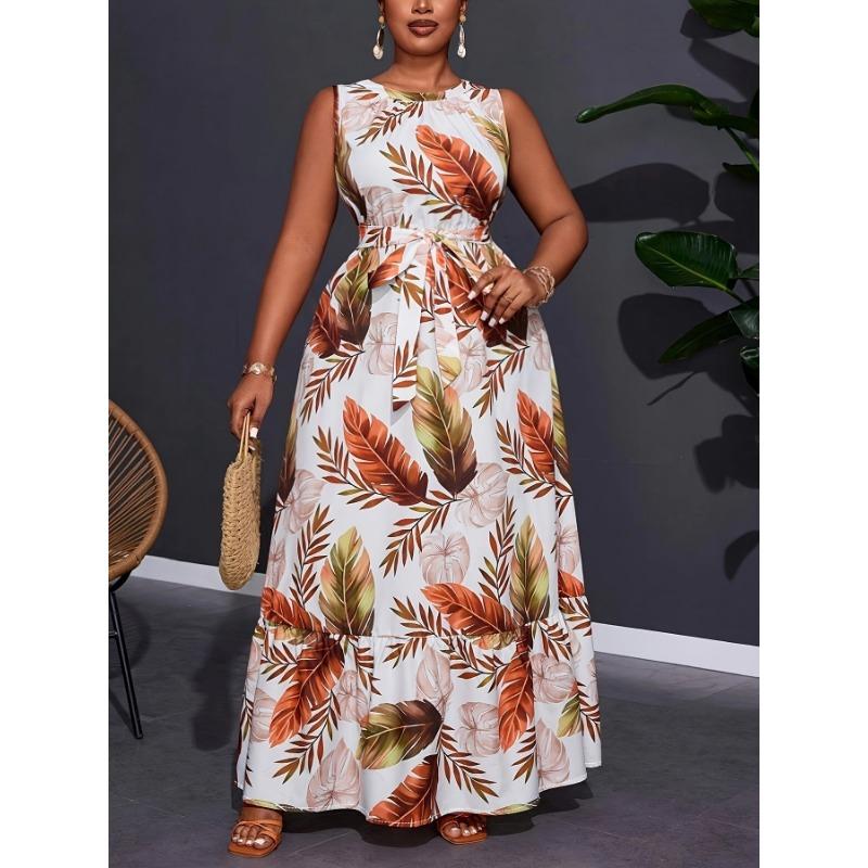 YYFS Women s Fashion Summer Spring Feather Print Sleeveless O-Neck High Waist Casual Dresses XL brown
