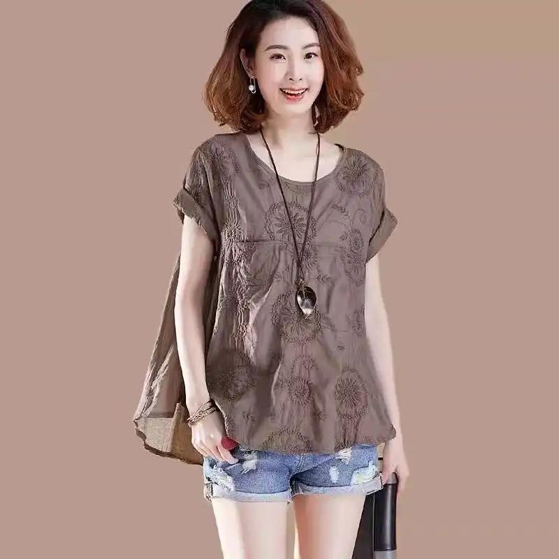 Весенняя Универсальная Вышитая Футболка с Коротким Рукавом для Женщин Летняя Новая Свободная Повседневная Утягивающая Модная Футболка с Коротким Рукавом L коричневый Everyday Thread