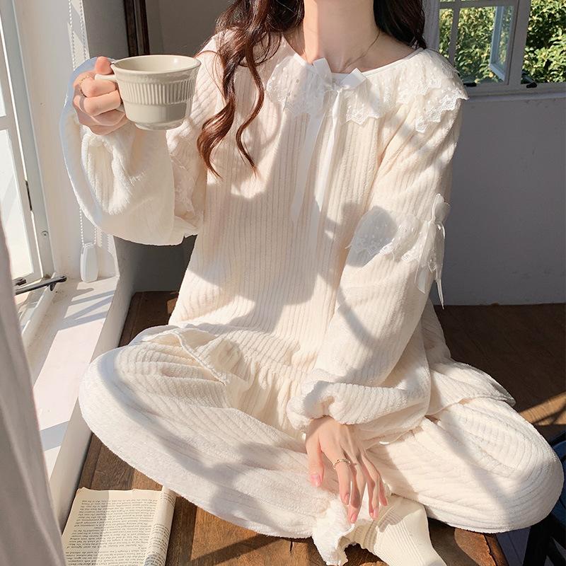 Winter Round Neck Lace Solid Color Pull Fleece Sweet Cute Girl Wind Warm Loungewear Women M white BaiJia Jewelry BB
