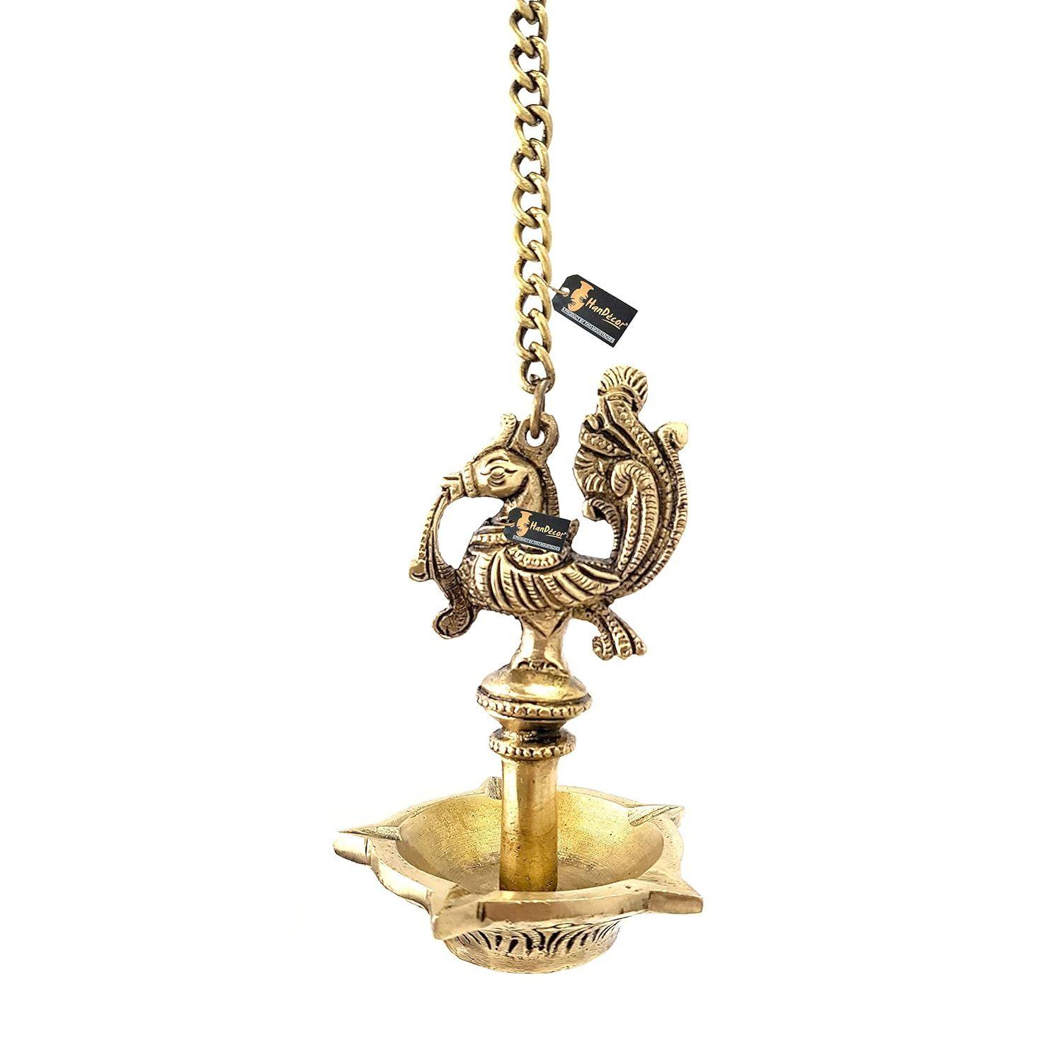 Handmade Ethnic Peacock Design 5 Oil Wick Brass Hanging Diya, Brass Diyas for Decoration, Standard, Pack of 1 beige Navya Handicraft