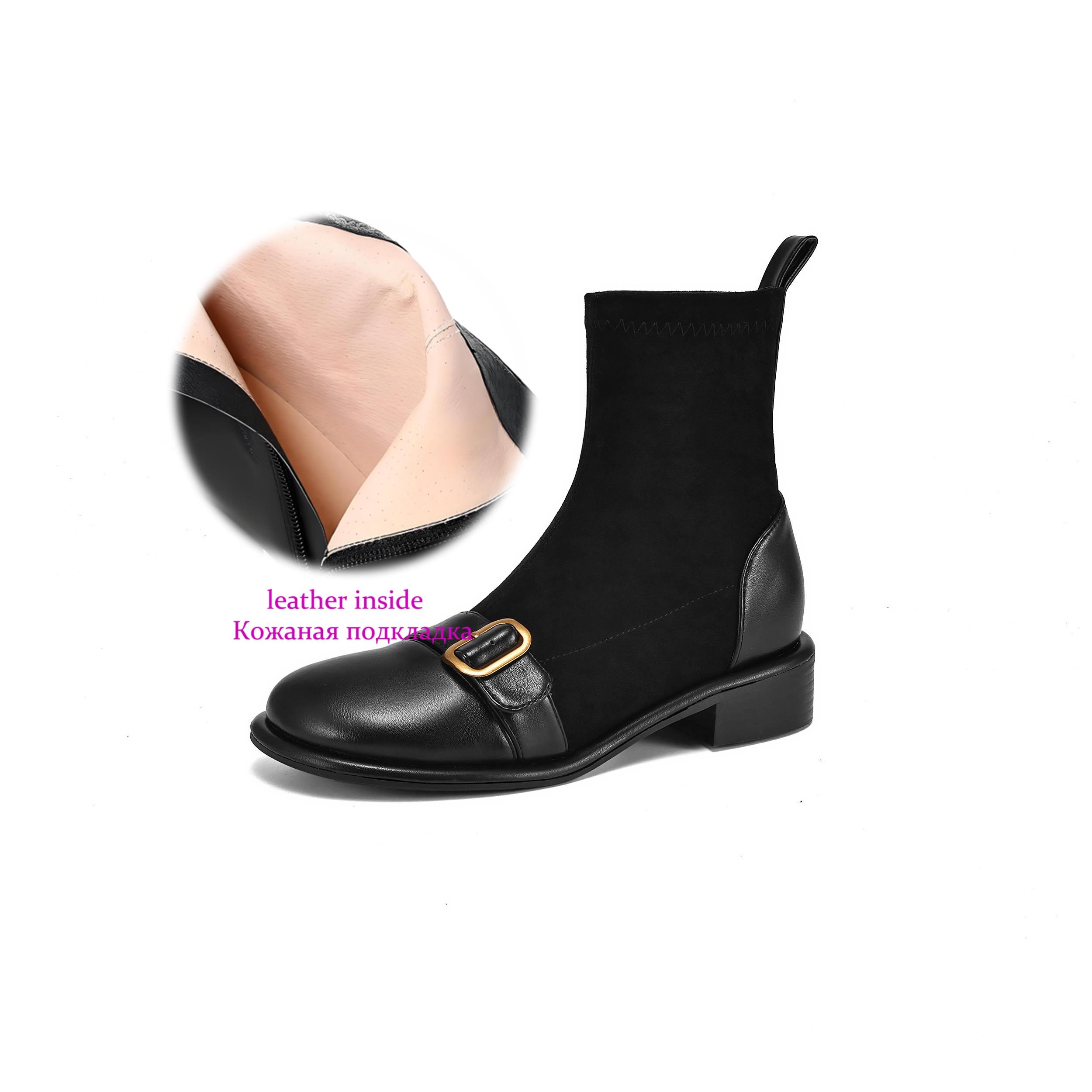 Krazing Pot Flock Autumn Winter Shoes Low Heels Size 43 Stretch Boots Back Preppy Style Metal Buckle Elastic Ankle Boots 34 black