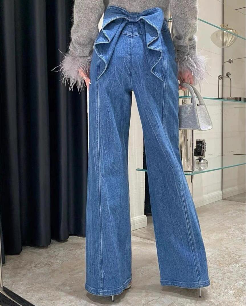 Y2k Bow Pleat Женские расклешенные джинсы Брюки Широкие прямые с высокой талией Женские джинсовые брюки Тянущиеся потертые брюки High Street S синий Footwear Finds