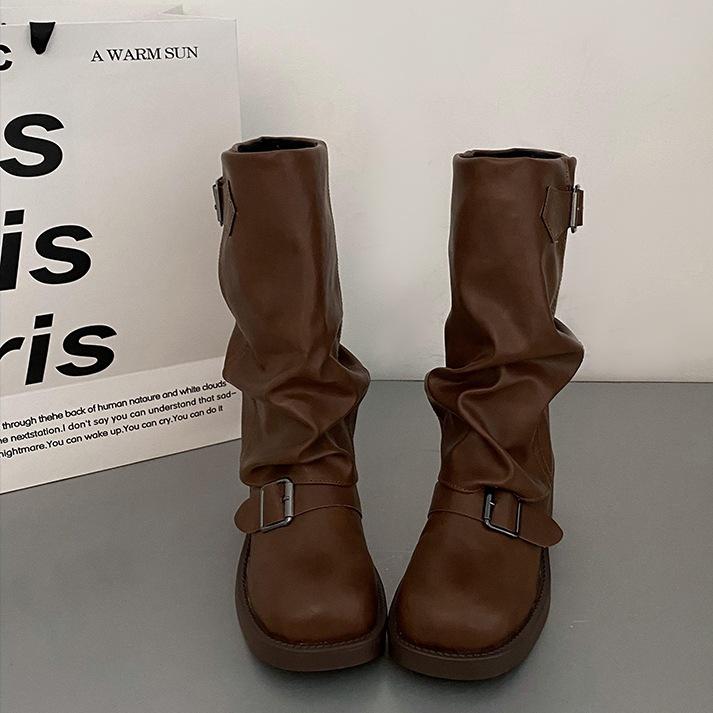 Vintage brown American western cowboy boots women s 2025 new autumn small thin thick heel pile short boots 35 коричневый Sneaker Culture
