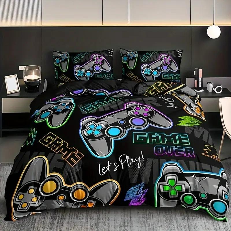 Cartoon Technology Gamepad Quilt Cover 3D High Definition Digital Printing Duvet Cover Set Bedding EU single 135*200 gray 17TG