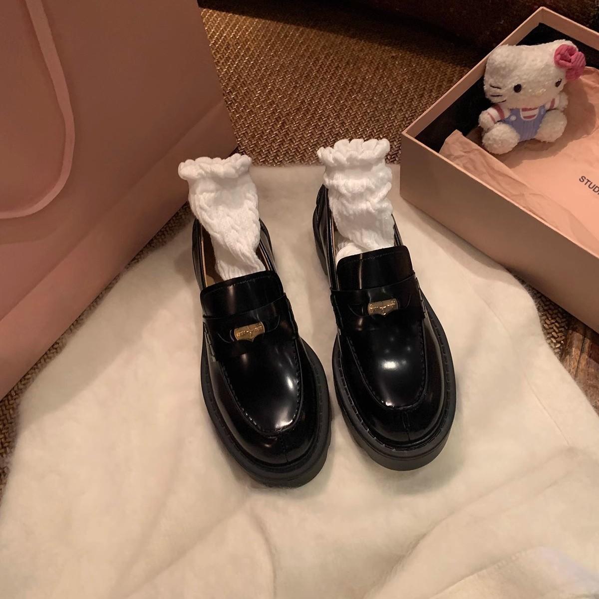 Версия из коровьей кожи~ Благородные золотые монеты, круглый носок, кожаные туфли на толстом каблуке, толстой подошве, одинарные туфли, женские 35 black Gentle clothing world
