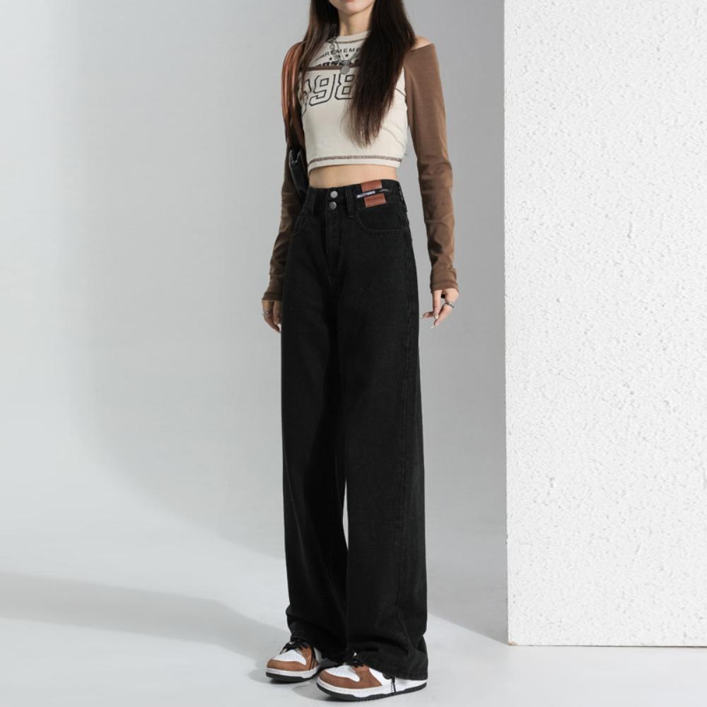 High waist straight and thin jeans women s 2025 autumn and winter new small loose and drape wide leg floor pants S чёрный Mingxin Clothes for Ladies